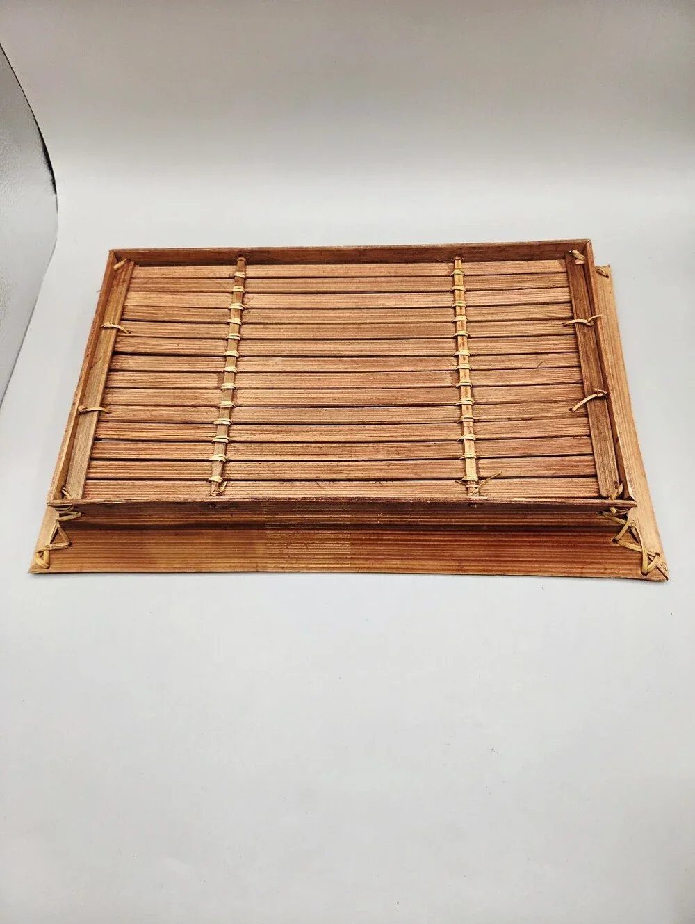 Vintage Bamboo Wooden Serving Tray with Woven Slat Base